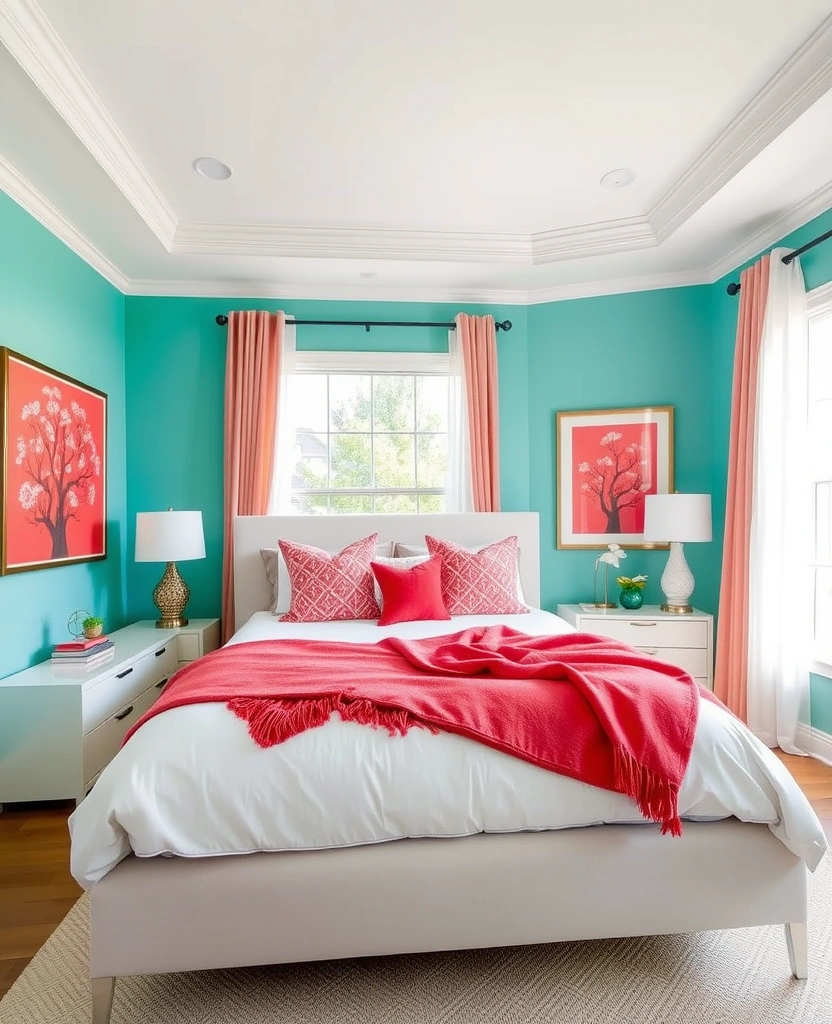 35 Bold Color Schemes for Contemporary Bedrooms That Will Inspire Your Next Makeover! - 1. Vibrant Coral and Aqua