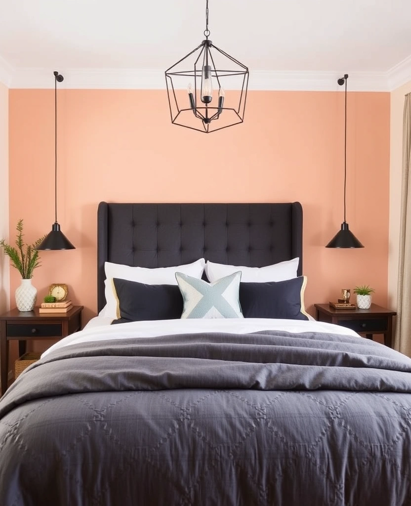 35 Bold Color Schemes for Contemporary Bedrooms That Will Inspire Your Next Makeover! - 24. Light Peach and Charcoal Grey