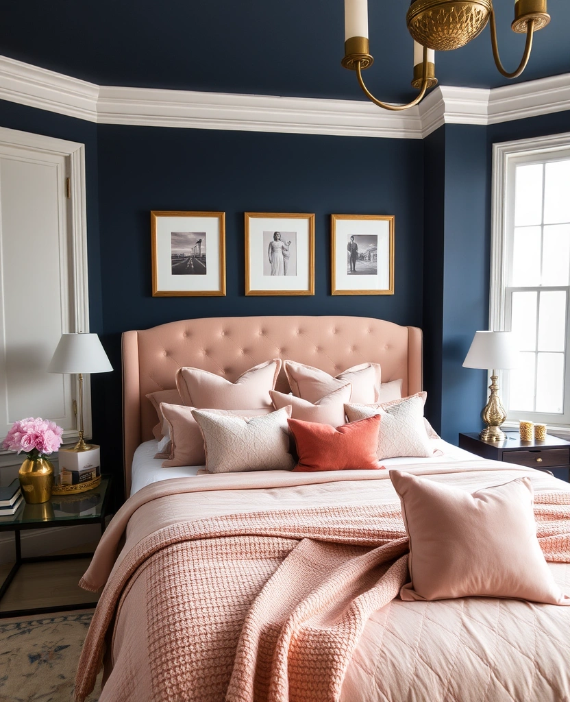 35 Bold Color Schemes for Contemporary Bedrooms That Will Inspire Your Next Makeover! - 28. Elegant Navy and Dusty Rose