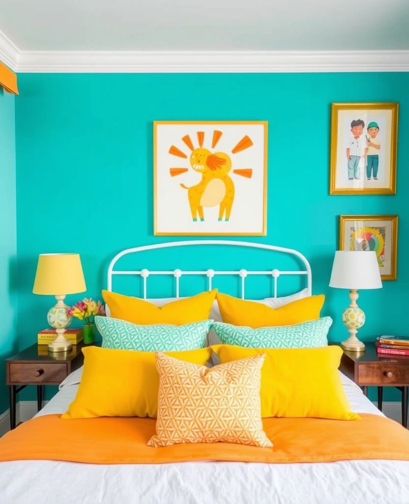 35 Bold Color Schemes for Contemporary Bedrooms That Will Inspire Your Next Makeover! - 31. Bright Turquoise and Golden Yellow