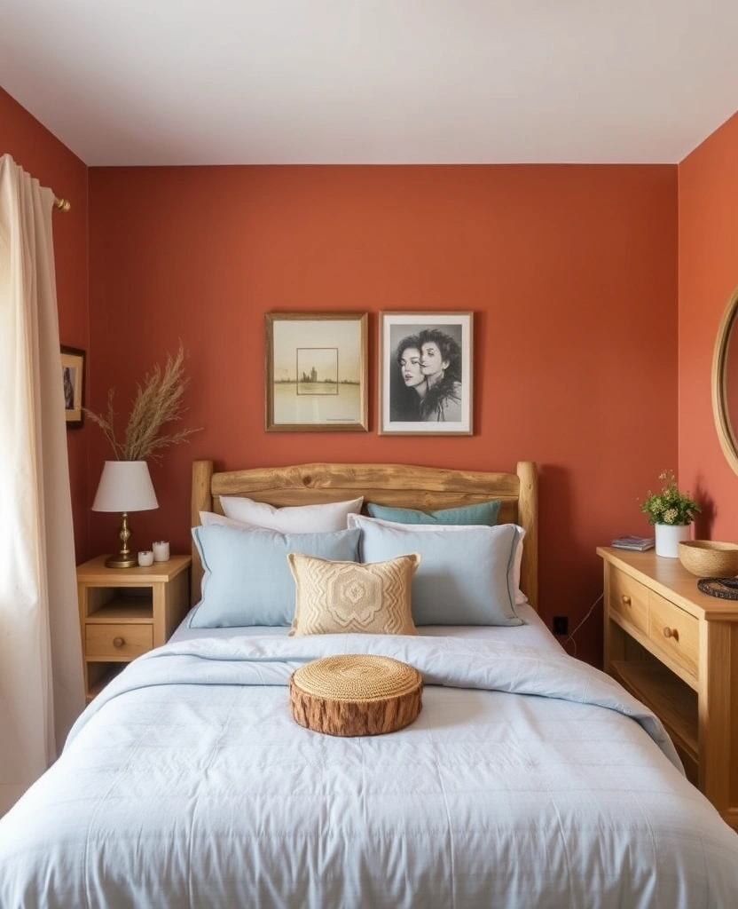 35 Bold Color Schemes for Contemporary Bedrooms That Will Inspire Your Next Makeover! - 34. Warm Clay and Soft Blue
