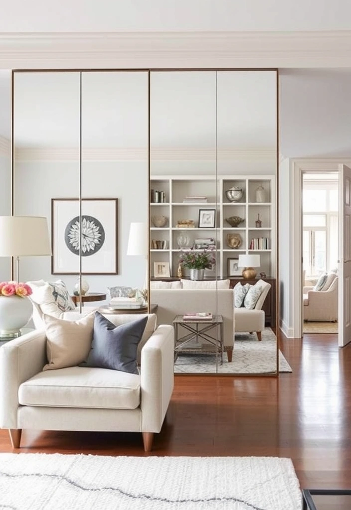 Chic and Stylish: 31 Unique Living Room Wall Decor Ideas Featuring Mirrors! - 11. Mirrored Room Dividers