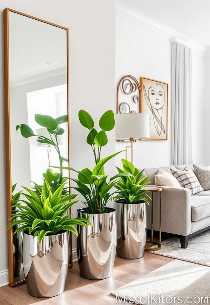 Chic and Stylish: 31 Unique Living Room Wall Decor Ideas Featuring Mirrors! - 18. Mirrored Planters
