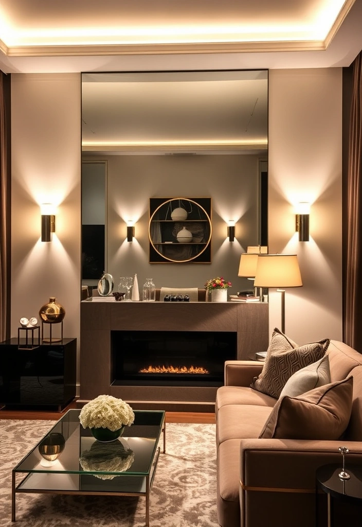 Chic and Stylish: 31 Unique Living Room Wall Decor Ideas Featuring Mirrors! - 19. Mirrored Accent Walls with Lighting