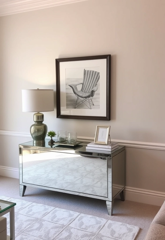Chic and Stylish: 31 Unique Living Room Wall Decor Ideas Featuring Mirrors! - 20. Mirrored Chests and Cabinets