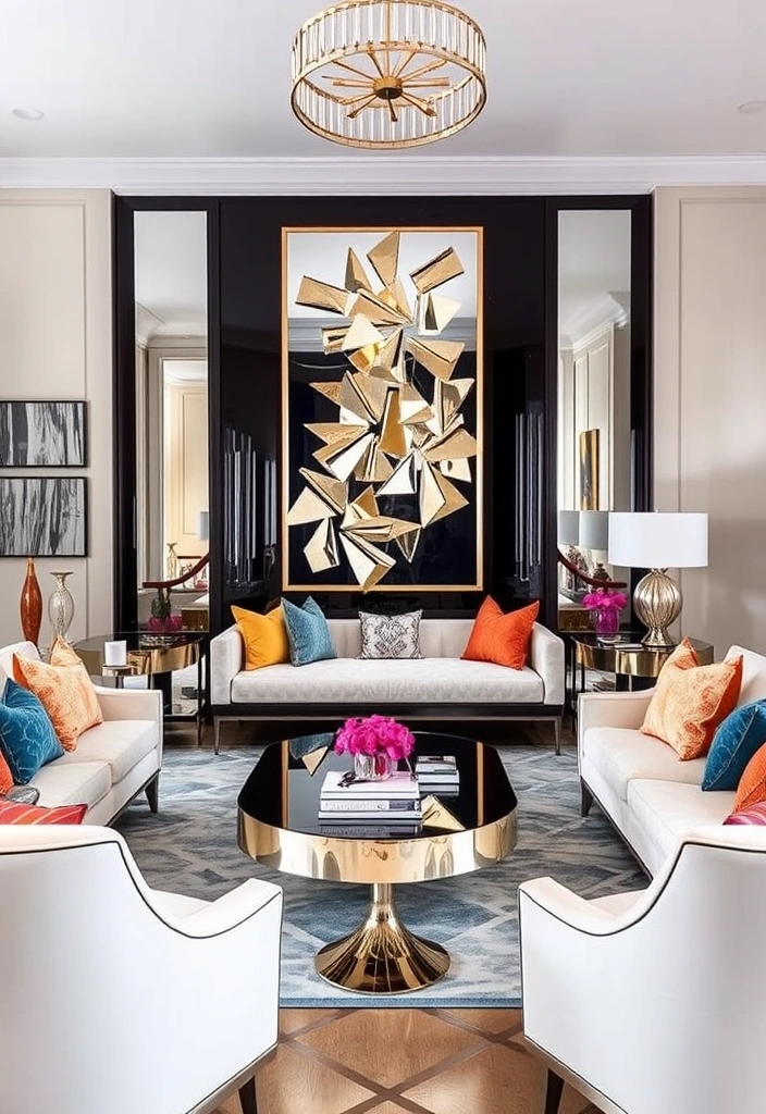 Chic and Stylish: 31 Unique Living Room Wall Decor Ideas Featuring Mirrors! - 21. Mirrored Accents in Artwork