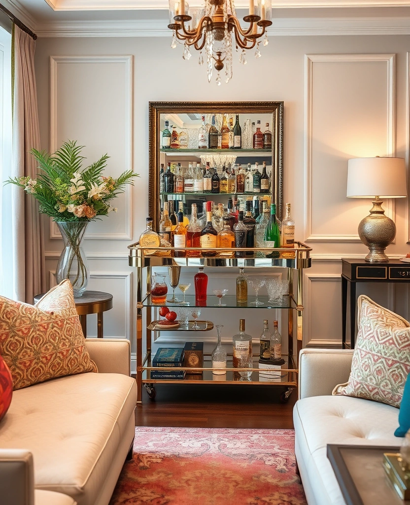 Chic and Stylish: 31 Unique Living Room Wall Decor Ideas Featuring Mirrors! - 29. Mirrored Bar Carts