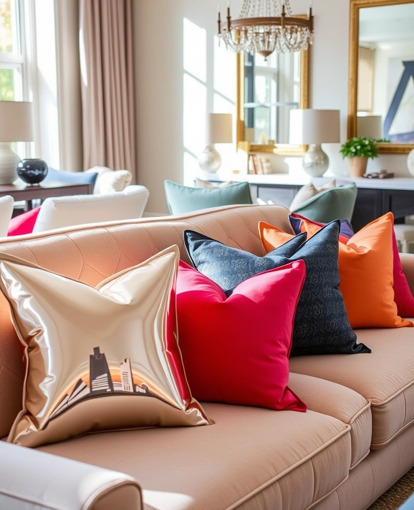 Chic and Stylish: 31 Unique Living Room Wall Decor Ideas Featuring Mirrors! - 31. Mirrored Accent Pillows