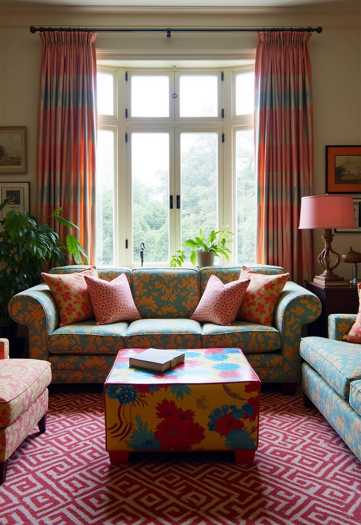 Create Happiness: 21 Vibrant Living Room Ideas with Pop Decor, Cozy Pillows, and Colorful Couches! - 4. Playful Patterns