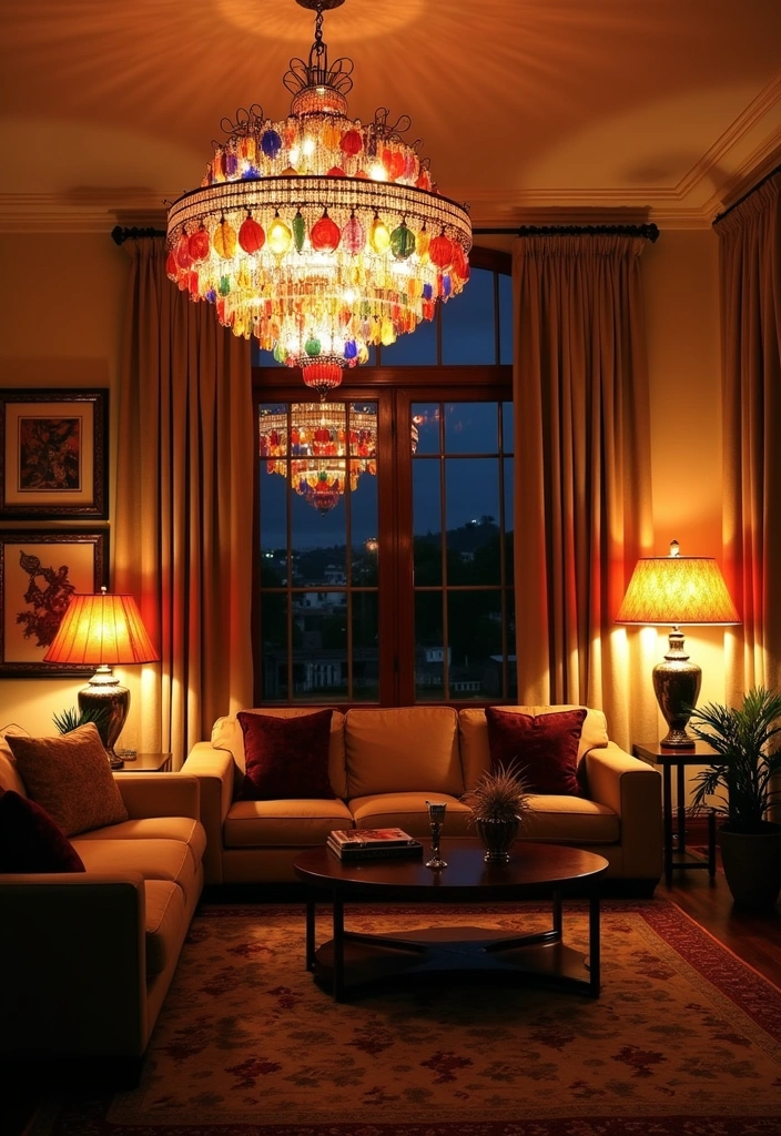 Create Happiness: 21 Vibrant Living Room Ideas with Pop Decor, Cozy Pillows, and Colorful Couches! - 7. Statement Lighting