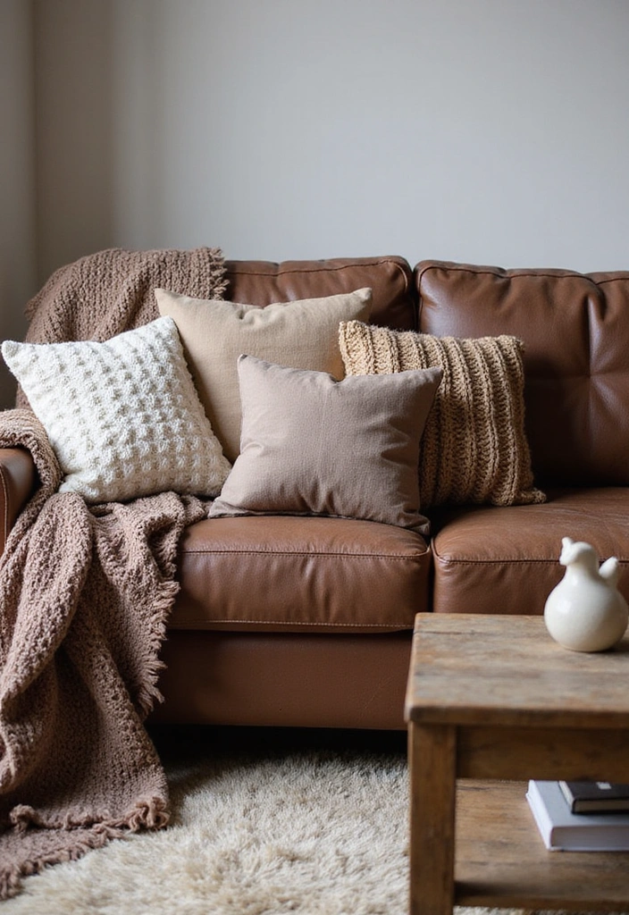 15 Stylish Brown Leather Couch Living Room Decor Ideas for a Cozy Atmosphere! - 1. Layered Textures for Added Depth