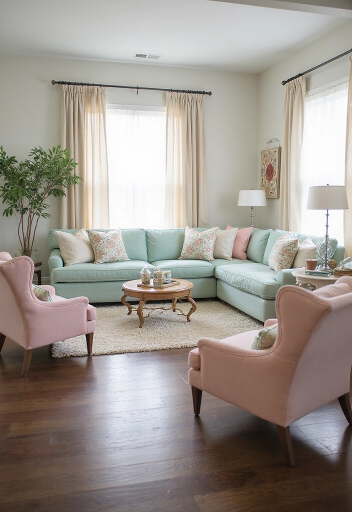 21 Sophisticated Dark Wood Floors Living Room Decor Ideas for a Polished and Refined Look - 13. Soft Pastel Accents