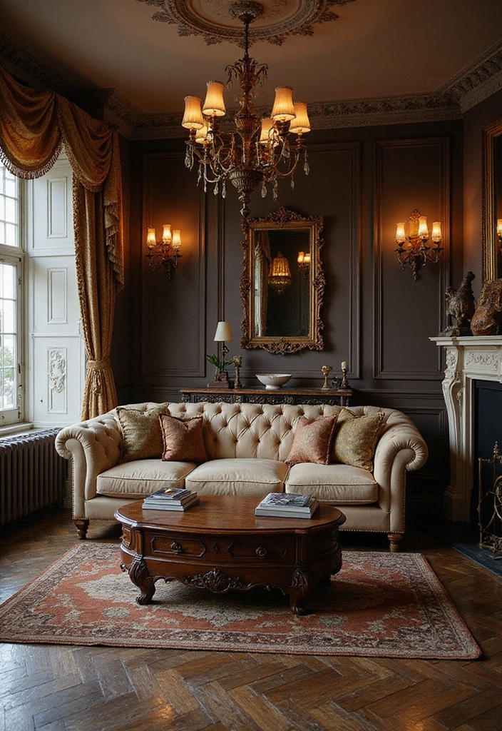 21 Sophisticated Dark Wood Floors Living Room Decor Ideas for a Polished and Refined Look - 14. Vintage Glam