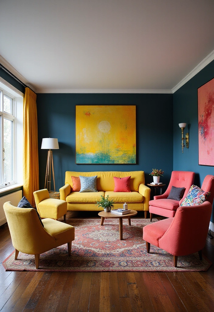 21 Sophisticated Dark Wood Floors Living Room Decor Ideas for a Polished and Refined Look - 17. Bold Color Blocking
