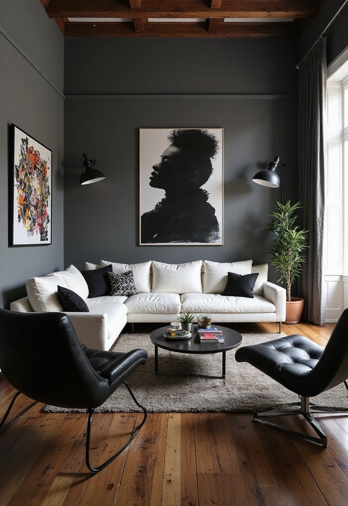 21 Sophisticated Dark Wood Floors Living Room Decor Ideas for a Polished and Refined Look - 20. Dramatic High Contrast