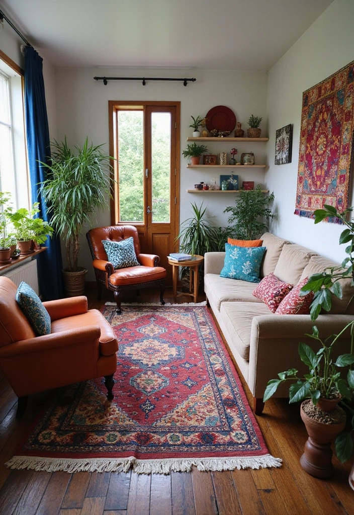 21 Sophisticated Dark Wood Floors Living Room Decor Ideas for a Polished and Refined Look - 6. Eclectic Bohemian Vibes