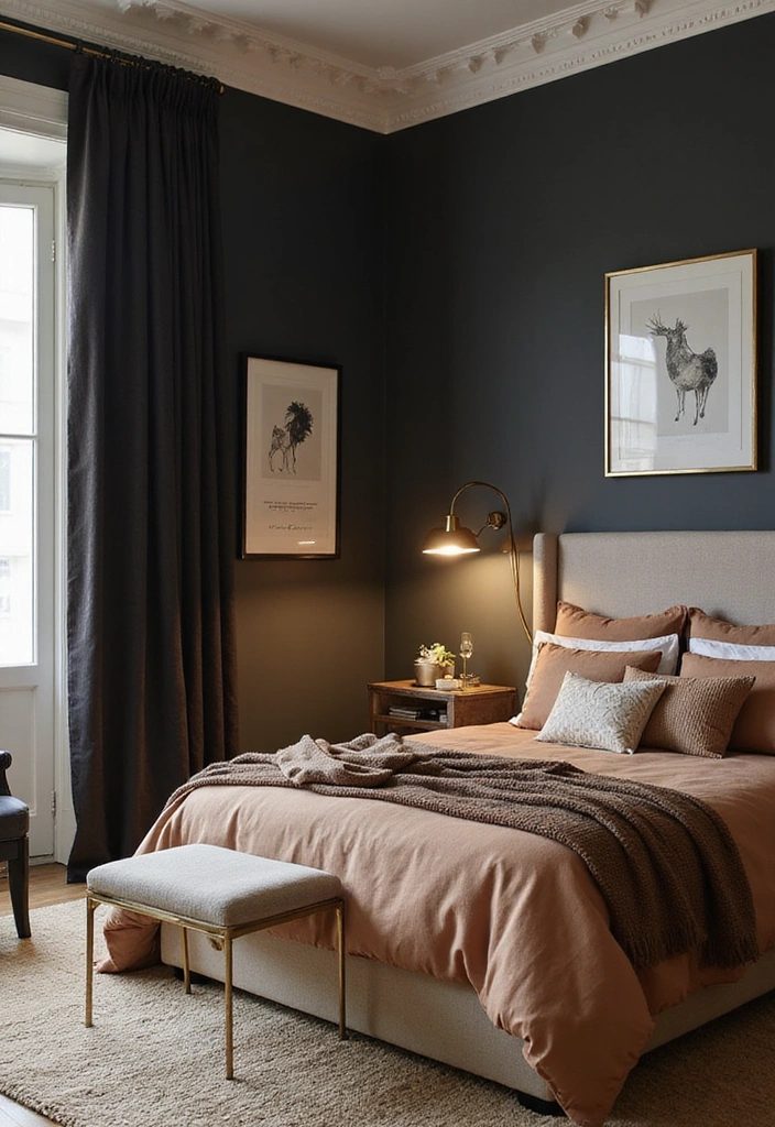 28 Dark and Moody Wall Color Trim Ideas for a Cozy and Inviting Bedroom Retreat! - 1. Deep Charcoal Walls with Crisp White Trim