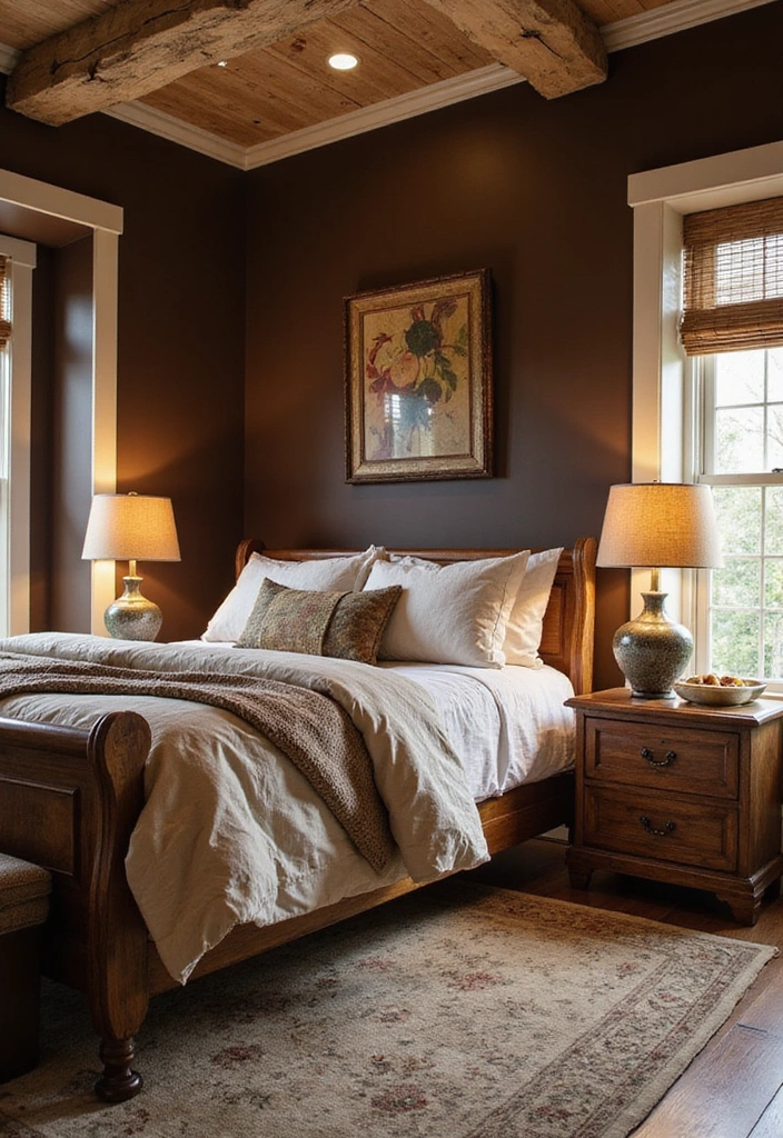 28 Dark and Moody Wall Color Trim Ideas for a Cozy and Inviting Bedroom Retreat! - 10. Dark Chocolate Brown with Cream Trim