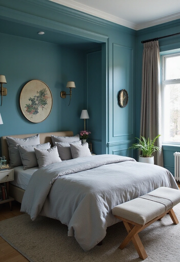 28 Dark and Moody Wall Color Trim Ideas for a Cozy and Inviting Bedroom Retreat! - 11. Dark Cyan with Light Gray Trim