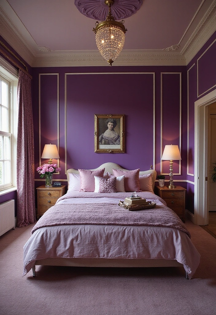 28 Dark and Moody Wall Color Trim Ideas for a Cozy and Inviting Bedroom Retreat! - 12. Royal Purple with Soft Beige Trim