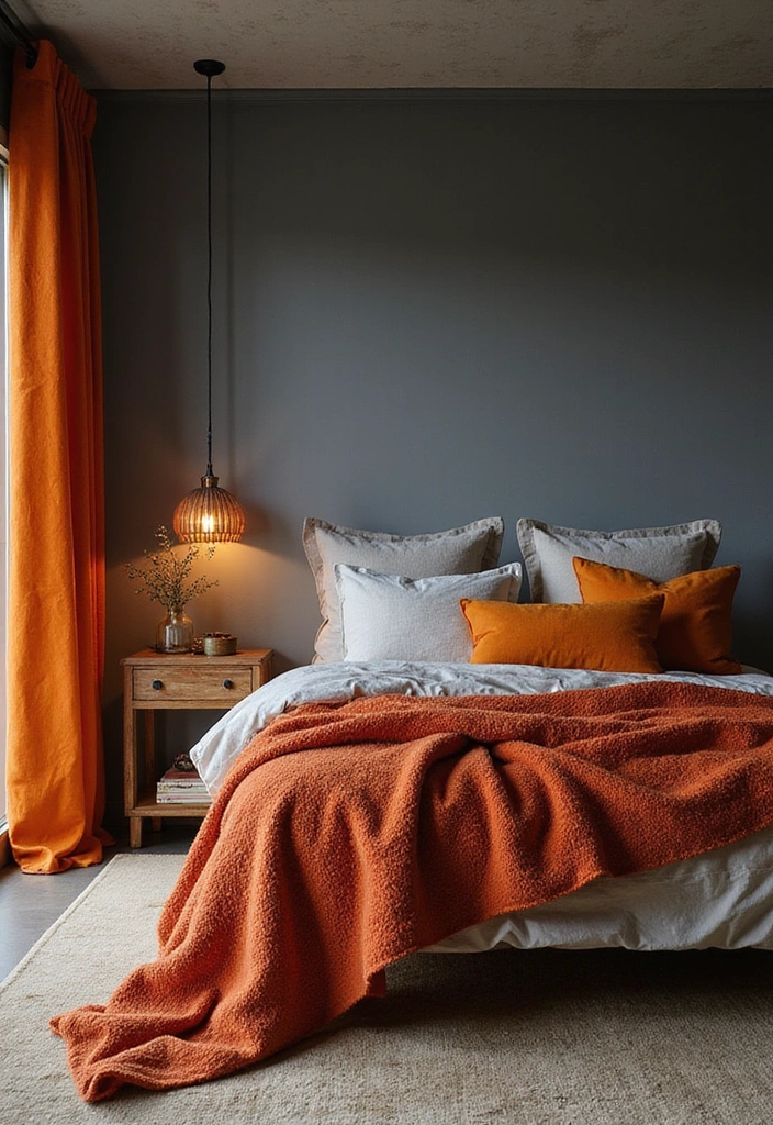 28 Dark and Moody Wall Color Trim Ideas for a Cozy and Inviting Bedroom Retreat! - 13. Stormy Gray with Burnt Orange Accents