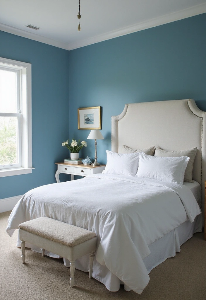 28 Dark and Moody Wall Color Trim Ideas for a Cozy and Inviting Bedroom Retreat! - 14. Deep Sea Blue with Soft White Trim