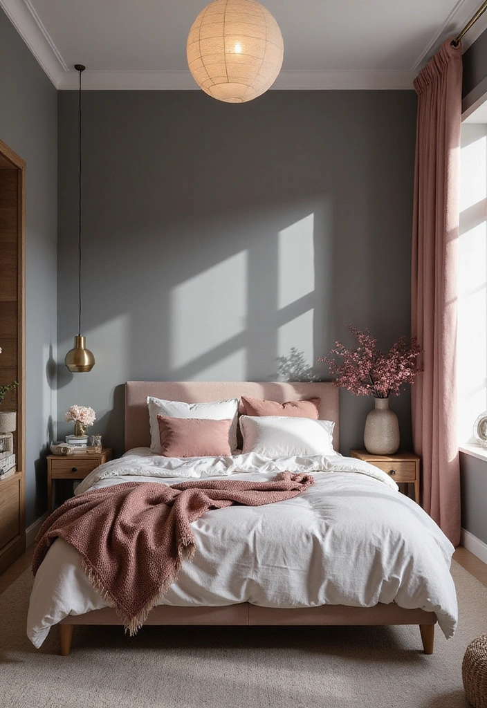 28 Dark and Moody Wall Color Trim Ideas for a Cozy and Inviting Bedroom Retreat! - 15. Smoky Gray with Dusty Rose Accents