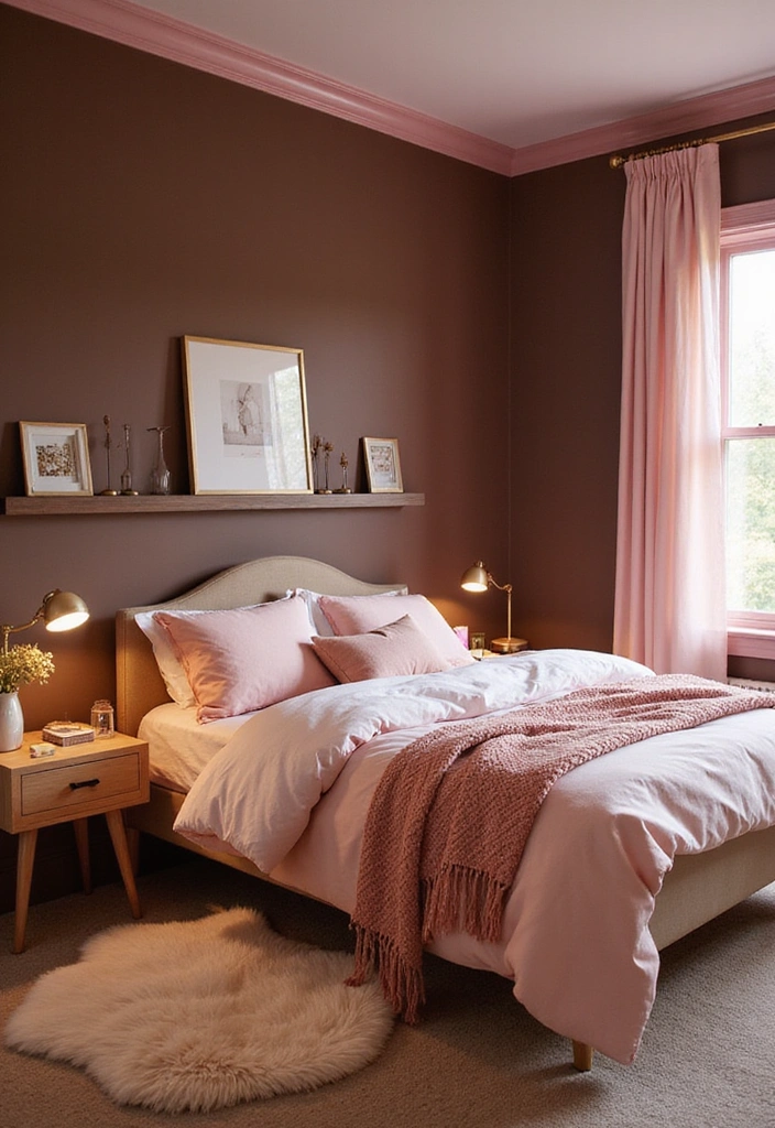 28 Dark and Moody Wall Color Trim Ideas for a Cozy and Inviting Bedroom Retreat! - 16. Chocolate Brown with Soft Pink Trim