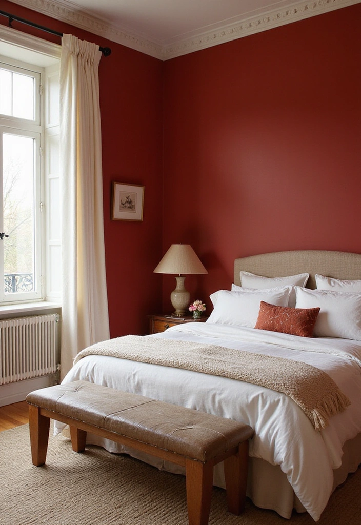28 Dark and Moody Wall Color Trim Ideas for a Cozy and Inviting Bedroom Retreat! - 17. Deep Red with Off-White Accents