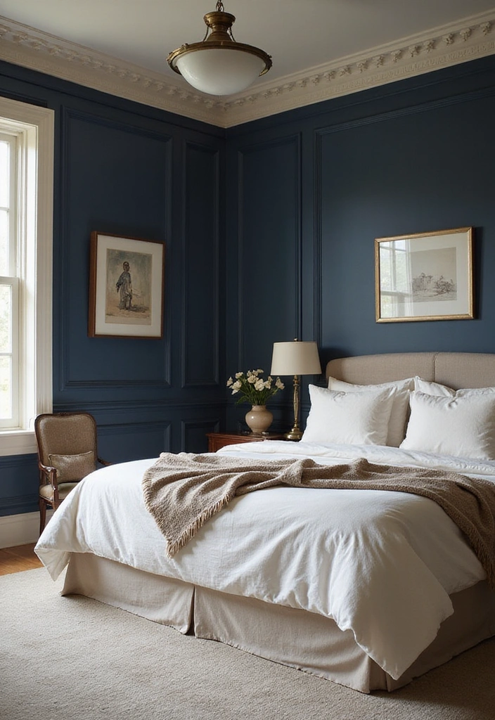 28 Dark and Moody Wall Color Trim Ideas for a Cozy and Inviting Bedroom Retreat! - 19. Deep Indigo with Soft Cream Trim