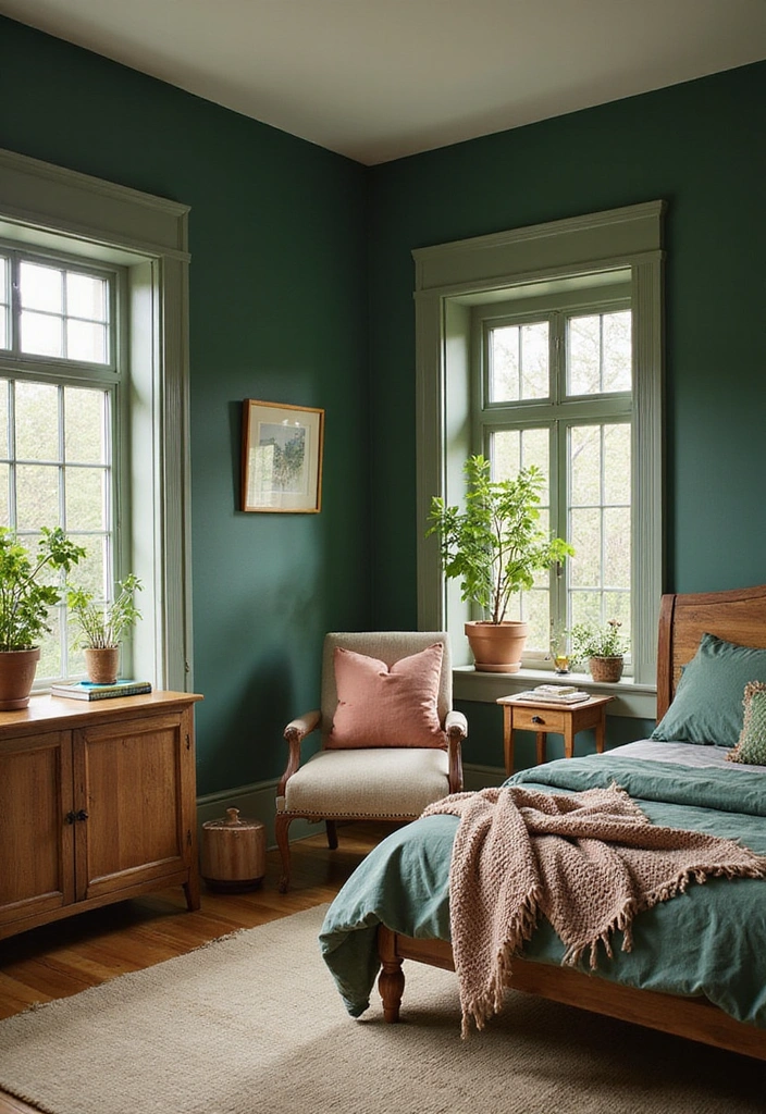 28 Dark and Moody Wall Color Trim Ideas for a Cozy and Inviting Bedroom Retreat! - 2. Forest Green with Soft Sage Trim