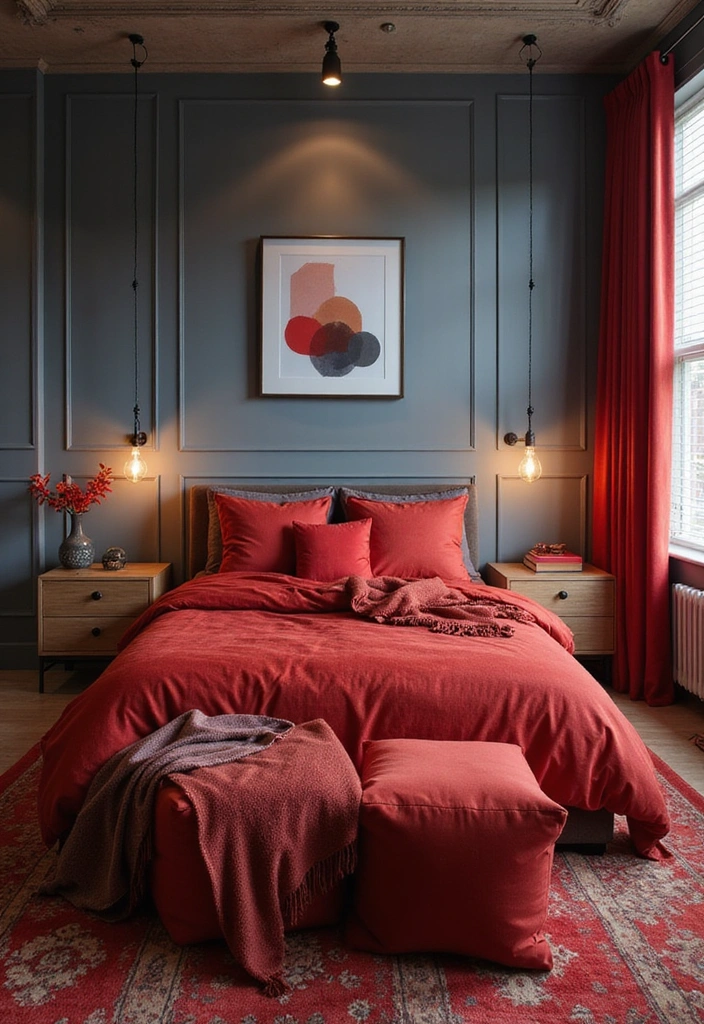 28 Dark and Moody Wall Color Trim Ideas for a Cozy and Inviting Bedroom Retreat! - 20. Ash Gray with Bold Red Accents