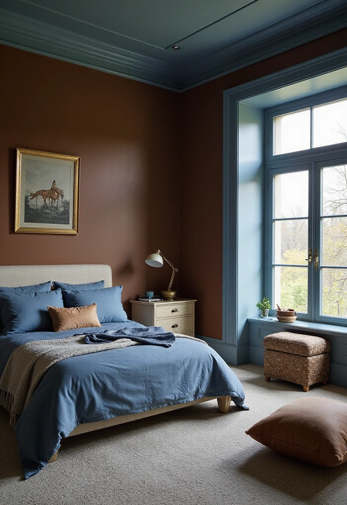 28 Dark and Moody Wall Color Trim Ideas for a Cozy and Inviting Bedroom Retreat! - 21. Dark Brown with Soft Blue Trim