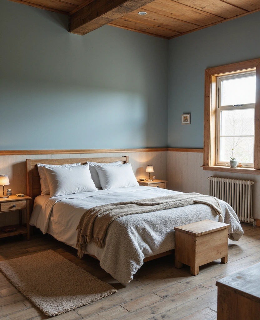 28 Dark and Moody Wall Color Trim Ideas for a Cozy and Inviting Bedroom Retreat! - 22. Dusty Blue with Warm Wood Trim