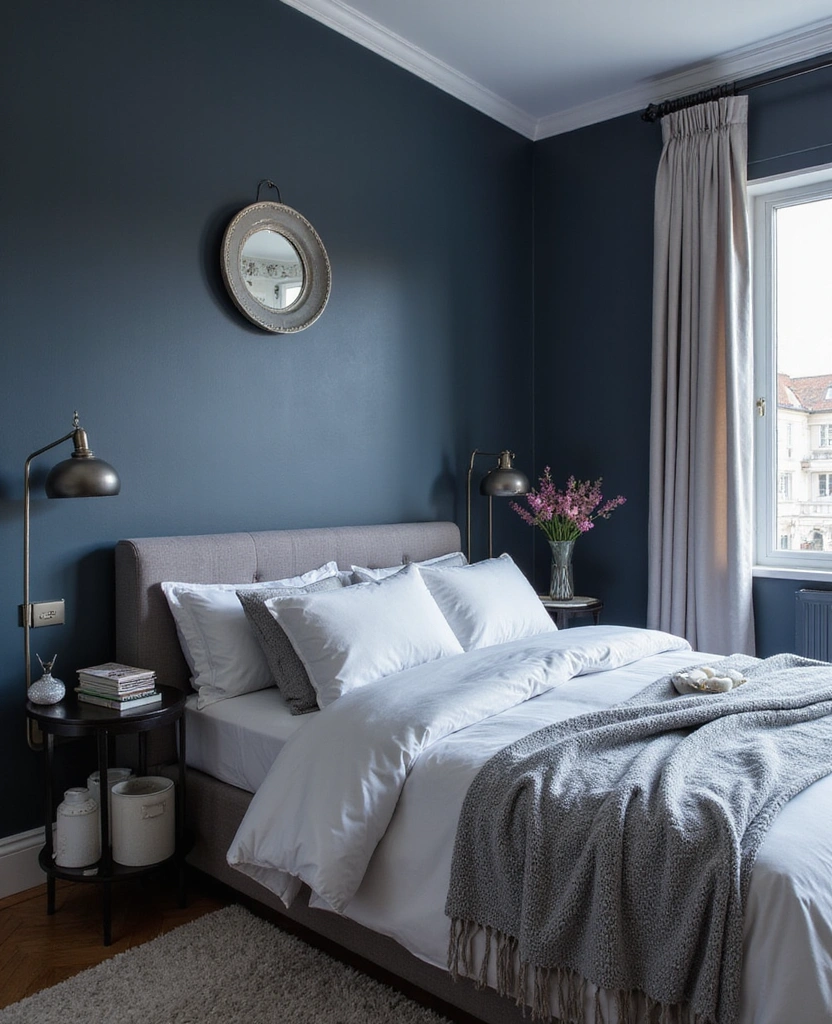 28 Dark and Moody Wall Color Trim Ideas for a Cozy and Inviting Bedroom Retreat! - 23. Charcoal Blue with Cool Silver Accents