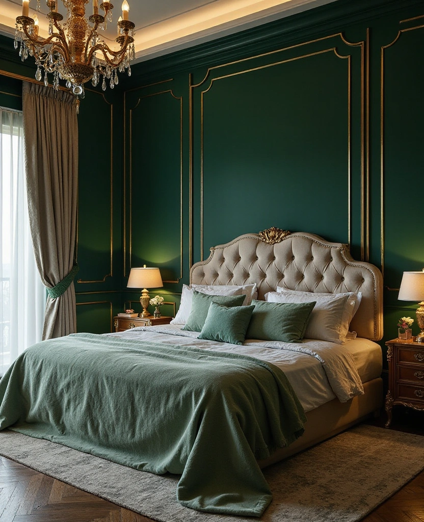 28 Dark and Moody Wall Color Trim Ideas for a Cozy and Inviting Bedroom Retreat! - 24. Deep Emerald Green with Warm Gold Trim
