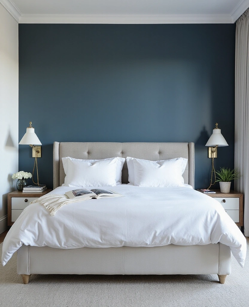 28 Dark and Moody Wall Color Trim Ideas for a Cozy and Inviting Bedroom Retreat! - 25. Rich Slate Blue with Crisp White Accents