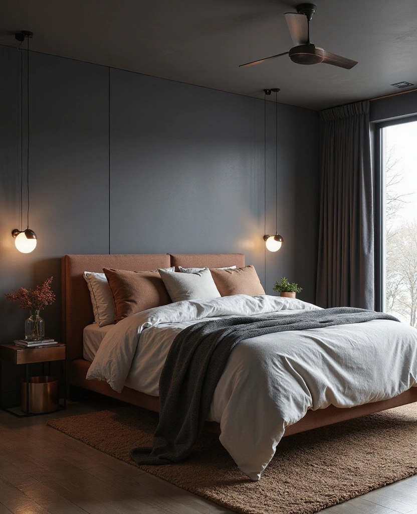 28 Dark and Moody Wall Color Trim Ideas for a Cozy and Inviting Bedroom Retreat! - 26. Charcoal Gray with Warm Copper Accents