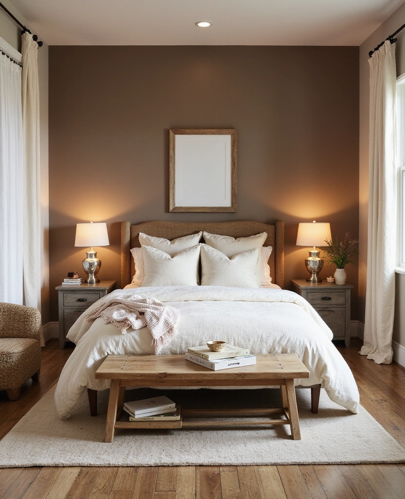 28 Dark and Moody Wall Color Trim Ideas for a Cozy and Inviting Bedroom Retreat! - 27. Soft Mocha with Creamy White Accents