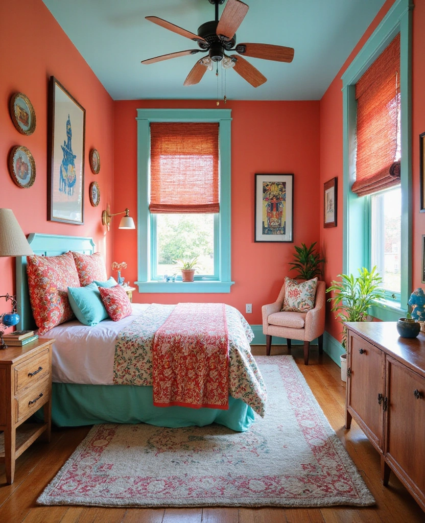 28 Dark and Moody Wall Color Trim Ideas for a Cozy and Inviting Bedroom Retreat! - 28. Vibrant Coral with Blue-Green Accents