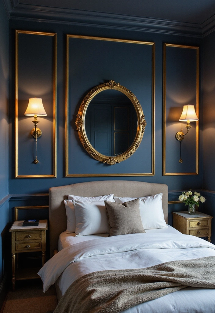 28 Dark and Moody Wall Color Trim Ideas for a Cozy and Inviting Bedroom Retreat! - 3. Midnight Blue with Gold Accents