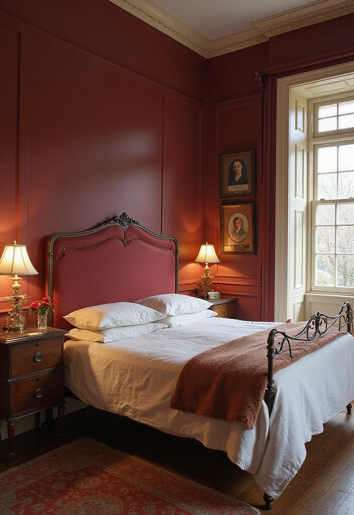 28 Dark and Moody Wall Color Trim Ideas for a Cozy and Inviting Bedroom Retreat! - 4. Rich Burgundy with Creamy Trim