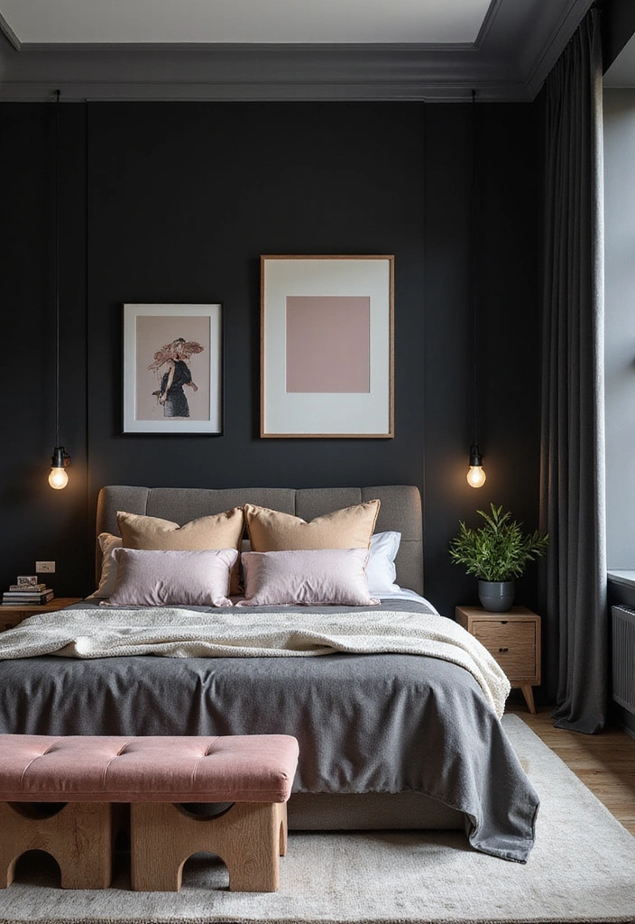 28 Dark and Moody Wall Color Trim Ideas for a Cozy and Inviting Bedroom Retreat! - 5. Black Walls with Muted Pastel Trim