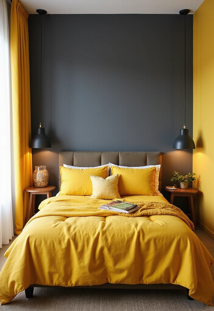 28 Dark and Moody Wall Color Trim Ideas for a Cozy and Inviting Bedroom Retreat! - 6. Slate Gray with Bright Yellow Accents