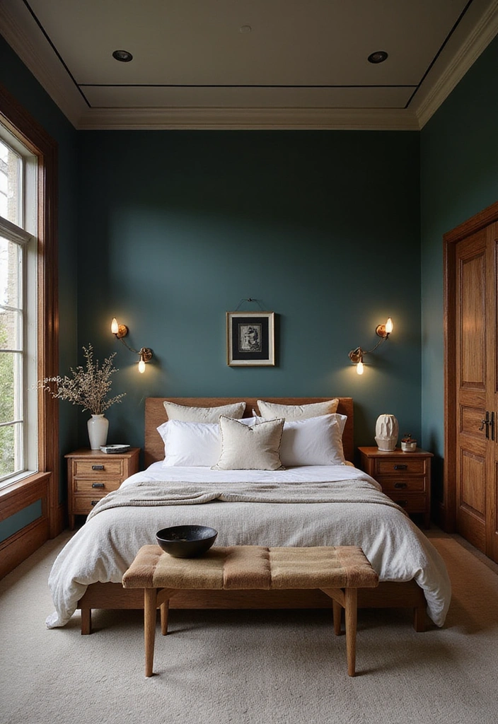 28 Dark and Moody Wall Color Trim Ideas for a Cozy and Inviting Bedroom Retreat! - 7. Deep Teal with Walnut Trim