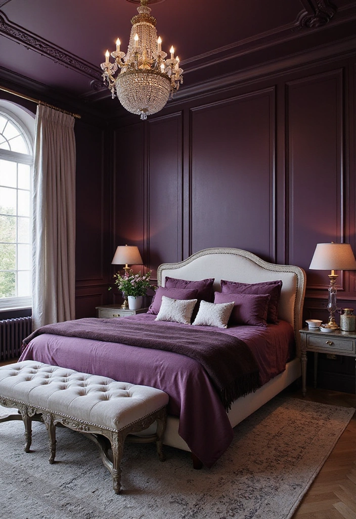 28 Dark and Moody Wall Color Trim Ideas for a Cozy and Inviting Bedroom Retreat! - 9. Dark Plum with Silver Accents