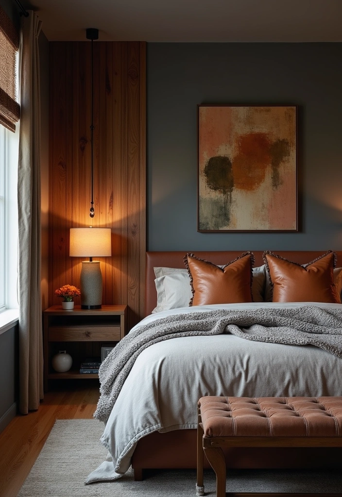 35 Industrial Bedroom Decor Ideas for 2025: Embrace Charcoal Gray Walls with Rustic Wood Accents! - 13. A Touch of Leather