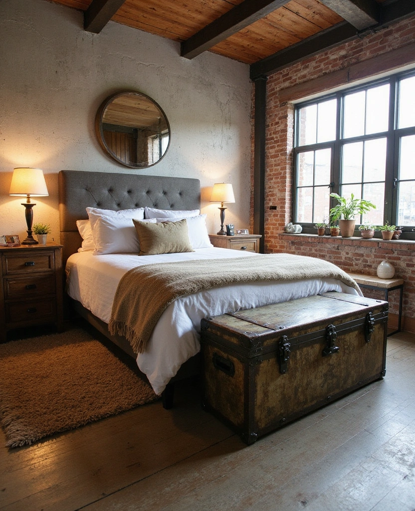 35 Industrial Bedroom Decor Ideas for 2025: Embrace Charcoal Gray Walls with Rustic Wood Accents! - 24. Vintage Industrial Furniture