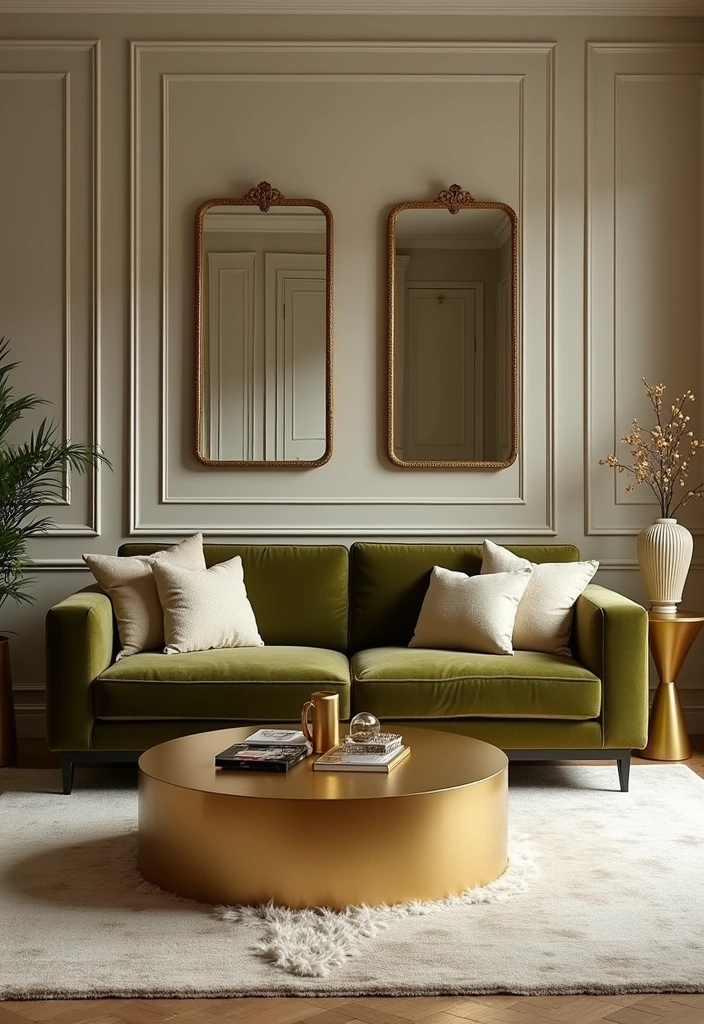 How to Style an Olive Green Sofa: 19 Stunning Color Palettes for Your Living Room! - 11. Chic Luxe: Gold and Cream Accents