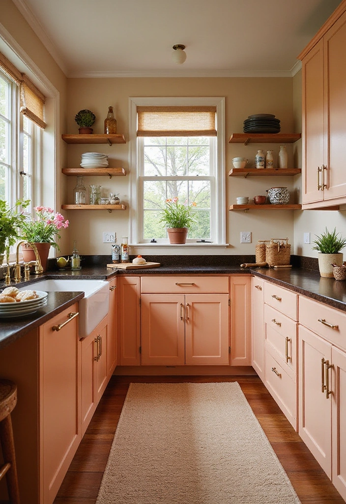 Timeless Dark Countertops Kitchen Color Schemes: 19 Beautiful Combinations for a Chic Look - 12. Warm Peach and Dark Chocolate